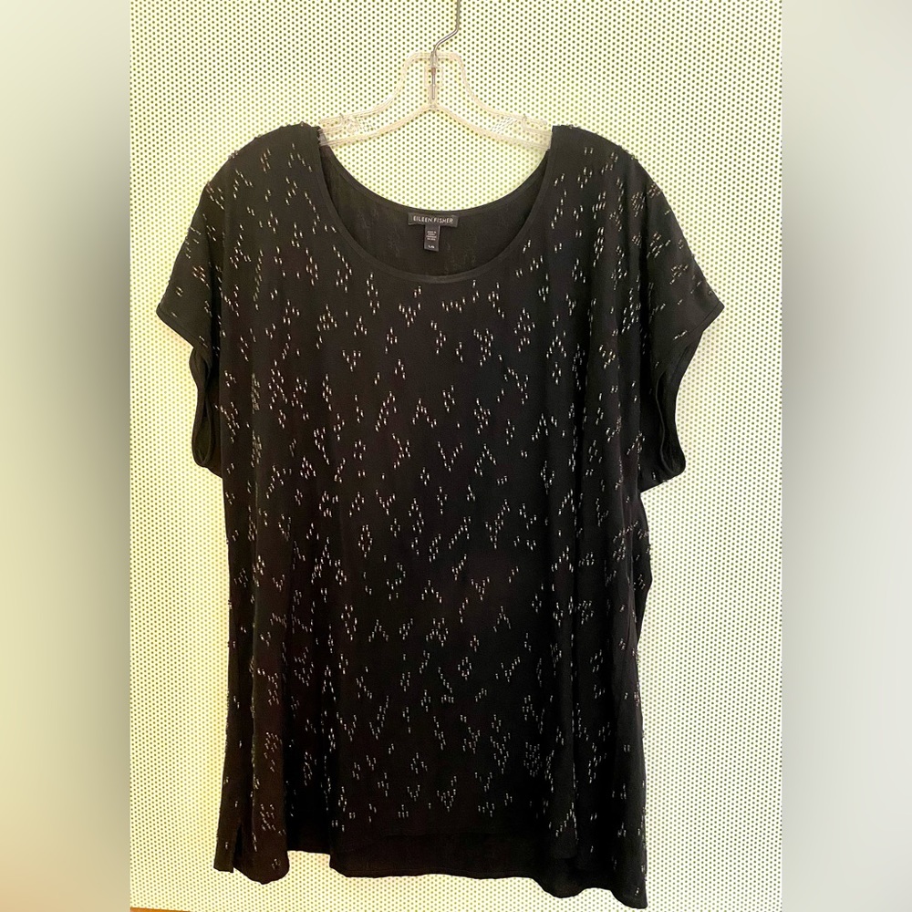Eileen Fisher 100% Silk black on black Beaded Top